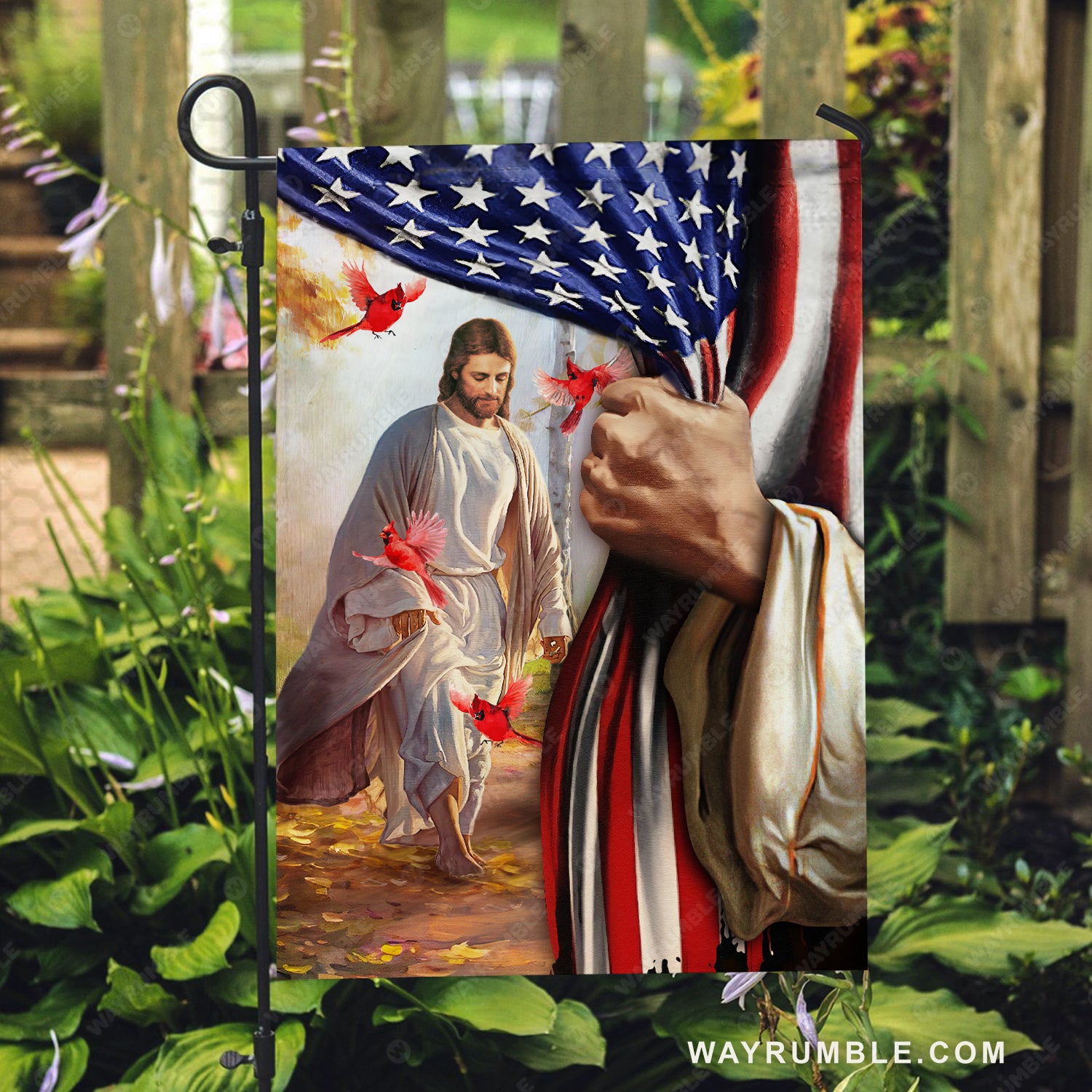 Unique Jesus painting, Pretty cardinal, Jesus's hand, Autumn forest - Jesus Flag