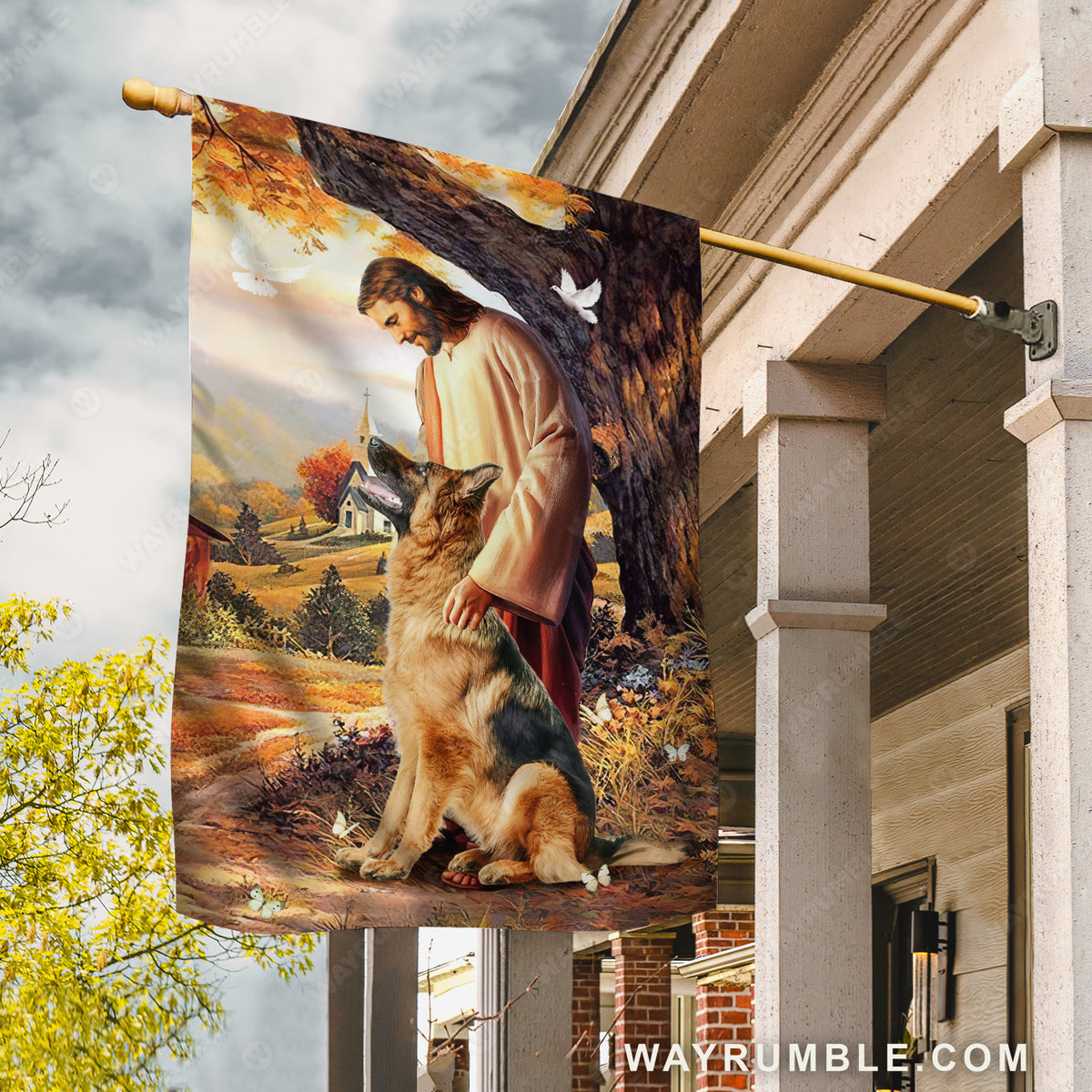 Cute German Shepherd, Autumn forest, White dove, Walking with Jesus - Jesus Flag