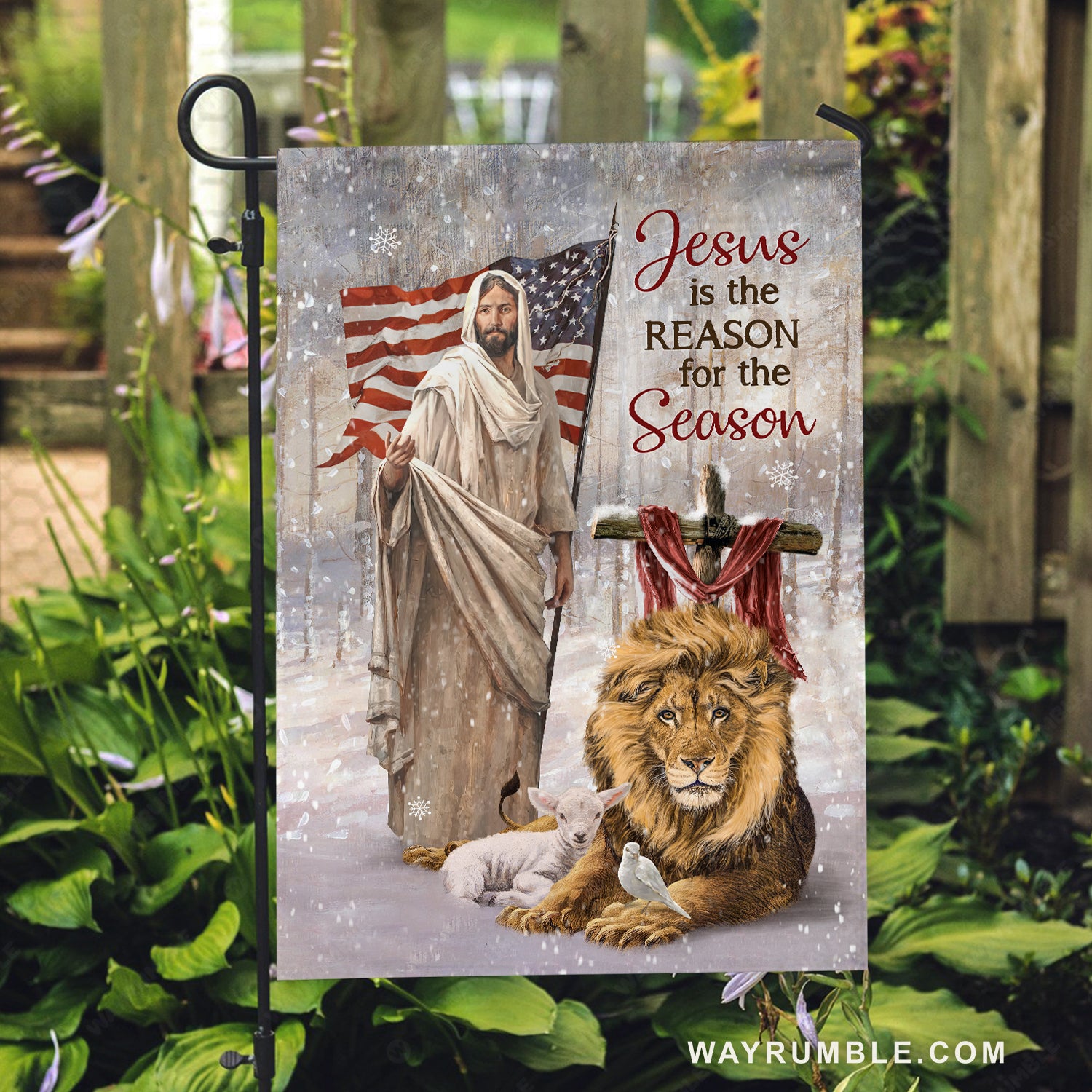 Amazing lion, Winter painting, White lamb, Jesus is the reason for the season - Jesus Flag