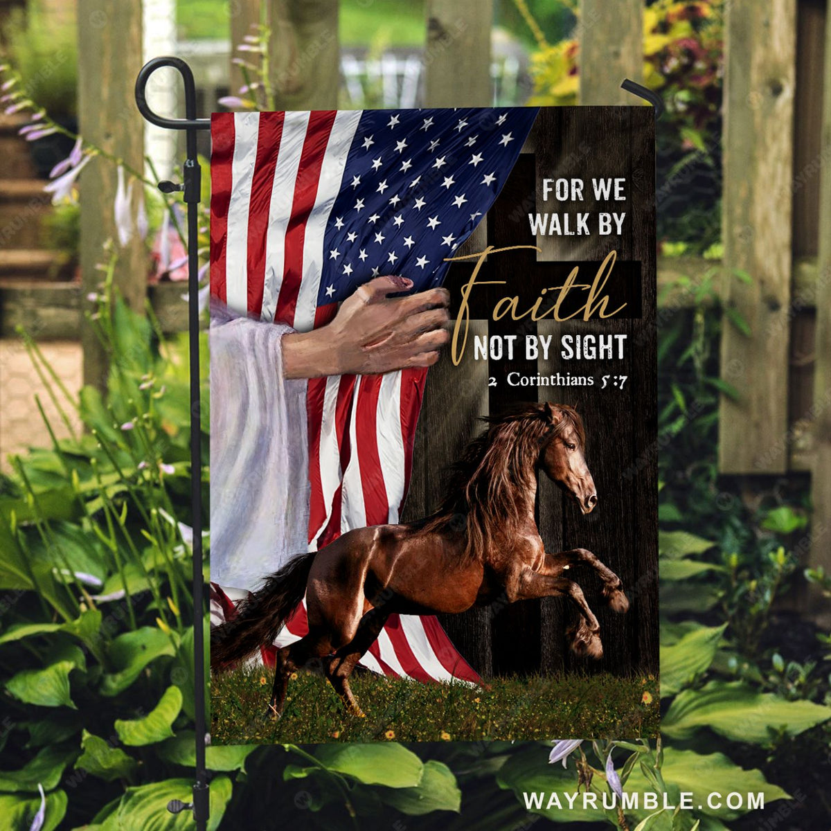 Jesus hand, US flag, Brown horse, For we walk by faith, Not by sight - Jesus Flag