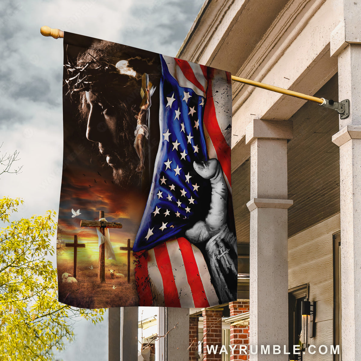 Pretty sunset, US flag, The real face of Jesus, Jesus on the cross - Jesus Flag