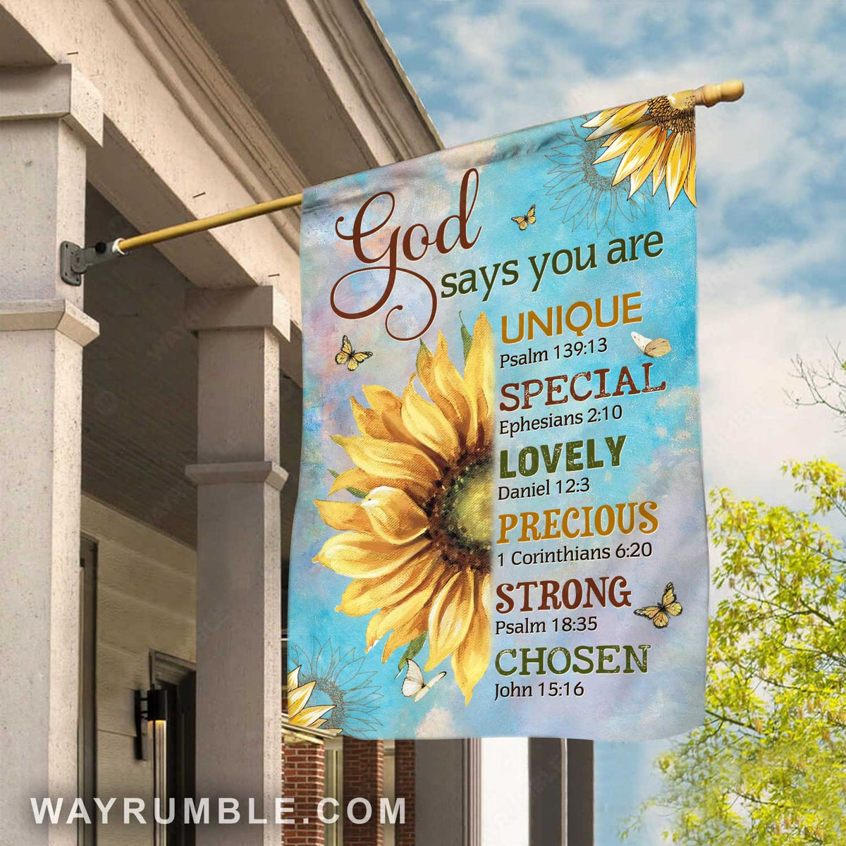 Watercolor sunflower, Yellow butterfly, God says you are unique - Jesus Flag