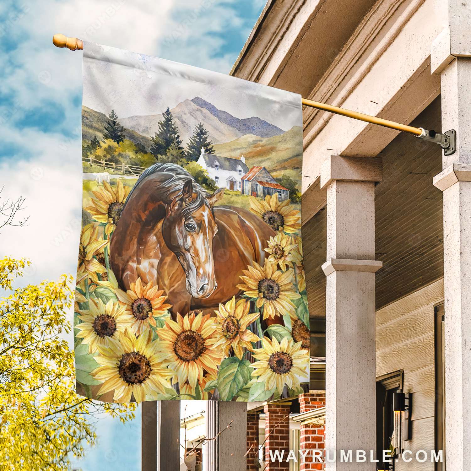 Sunflower field, Brown horse, Beautiful village, Blue mountain - Jesus Flag