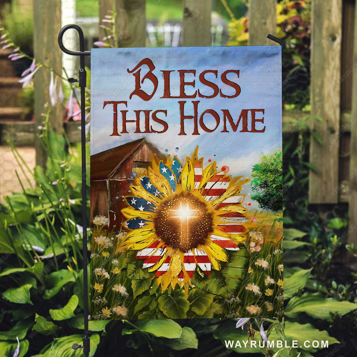 Beautiful sunflower, US flag, Green garden, Bless this home - Jesus Flag