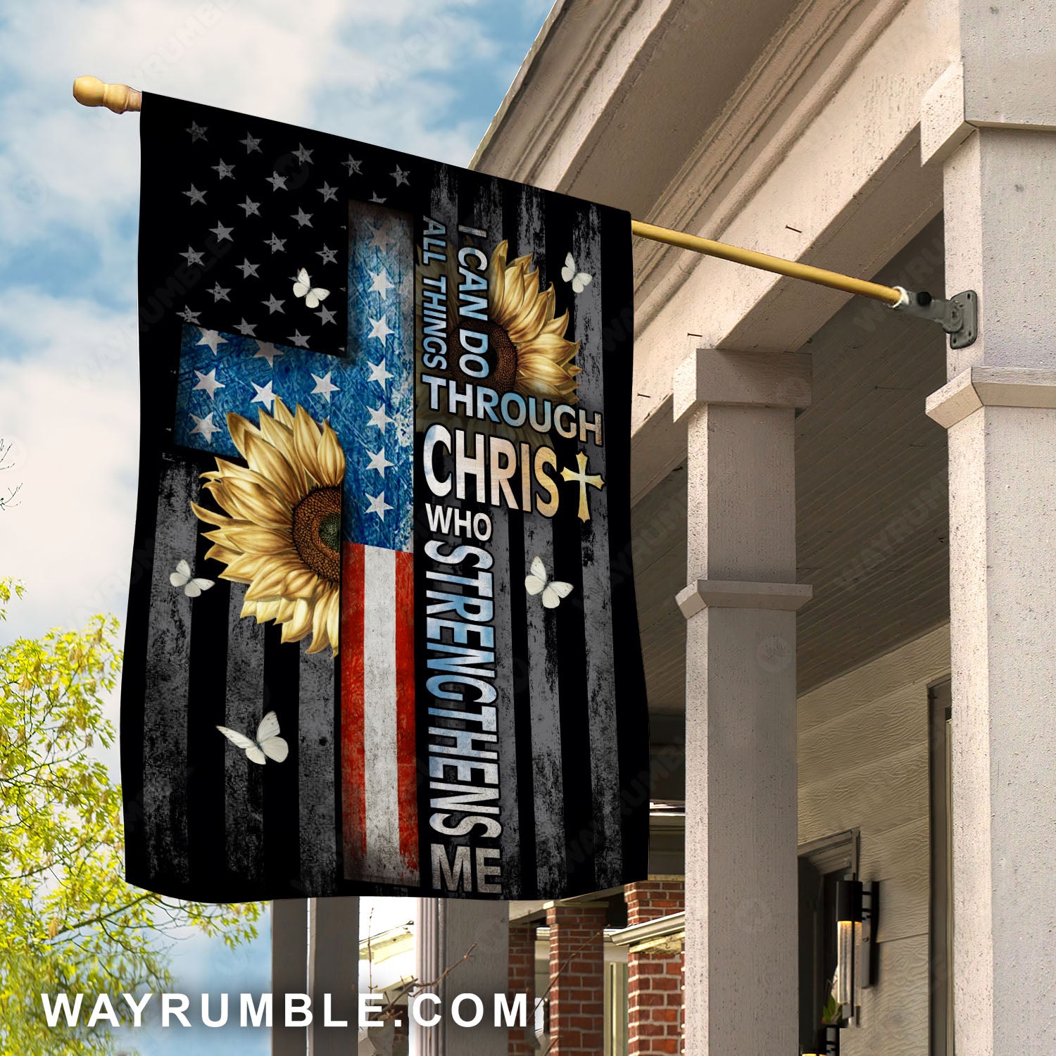 US flag, Sunflower, White butterfly, I can do all things - Jesus Flag