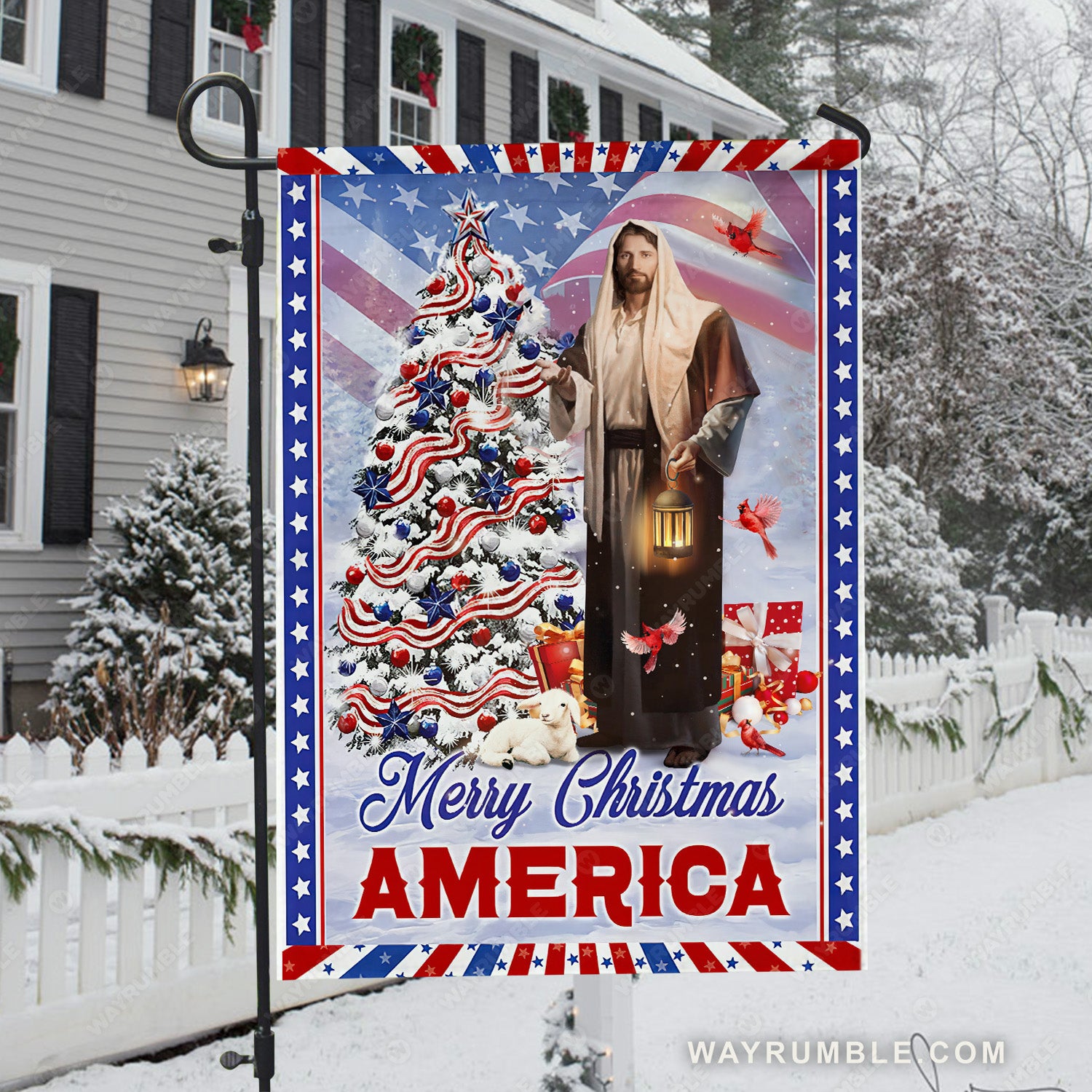 Unique Christmas tree, Jesus painting, Pretty lantern, Merry Christmas America - Jesus Flag