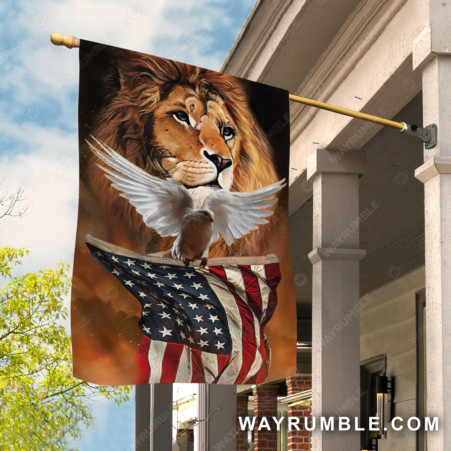 Watercolor lion painting, White dove, Beautiful US flag - Jesus Flag
