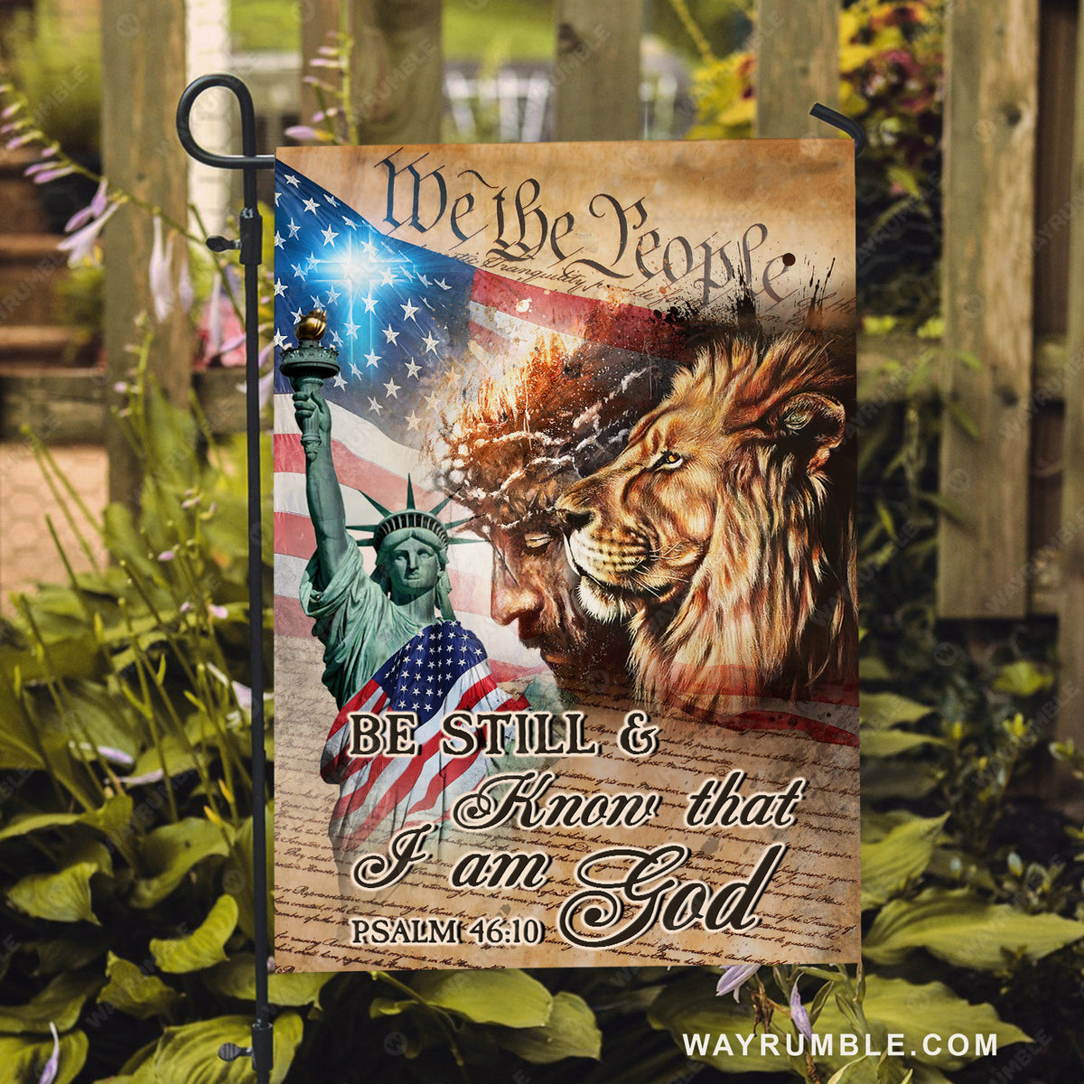 Statue of liberty, Lion of Judah, Jesus drawing, USA flag, Be still I am God - Jesus Flag