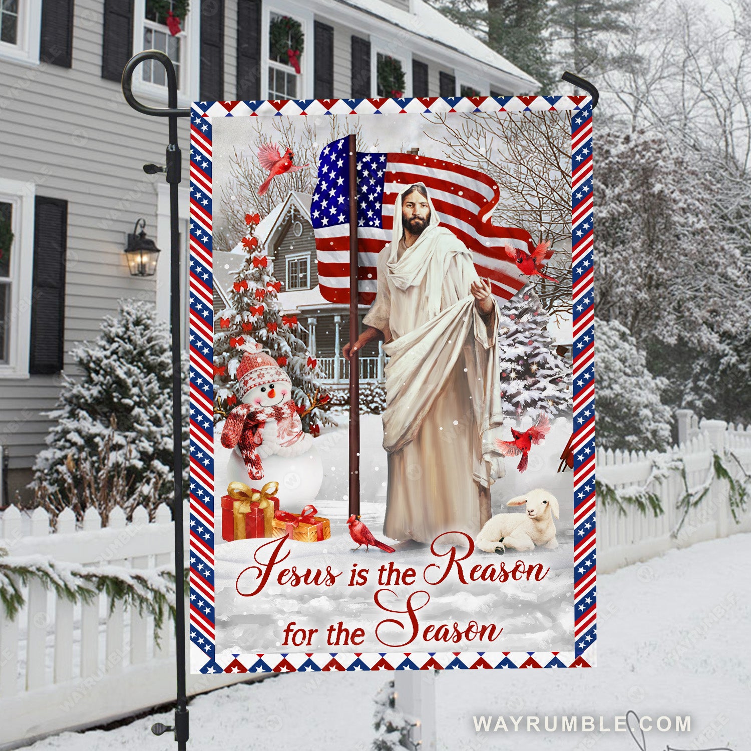 Happy Christmas, Snowman, Amazing US flag, Jesus is the reason for the season - Jesus Flag