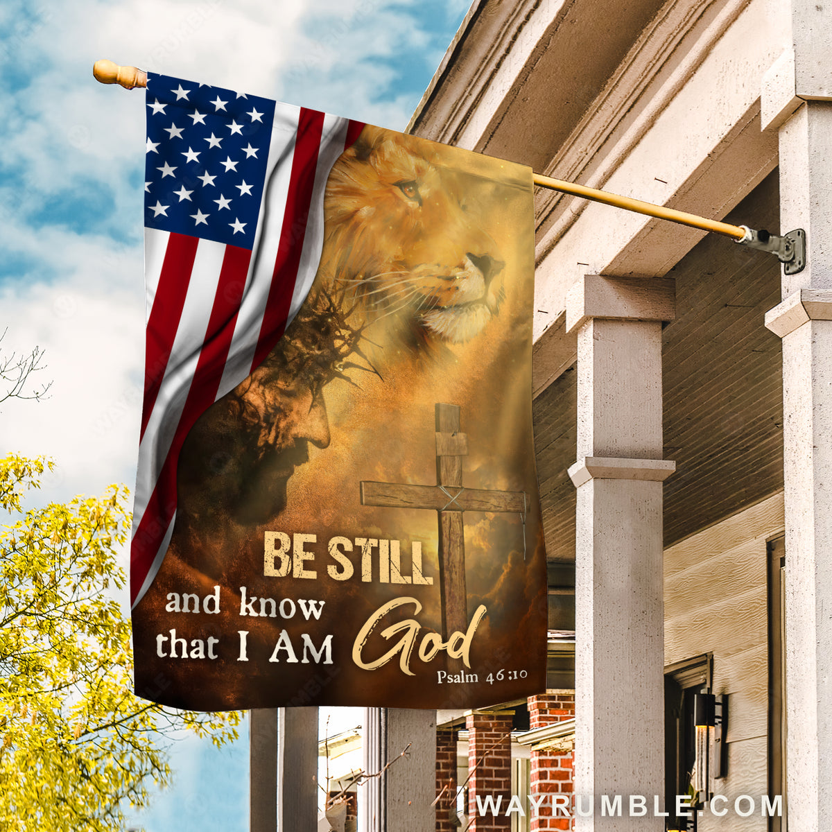 Stunning decor, Lion of Judah, Face of Jesus, US flag, Be still and know that I am God - Jesus Flag