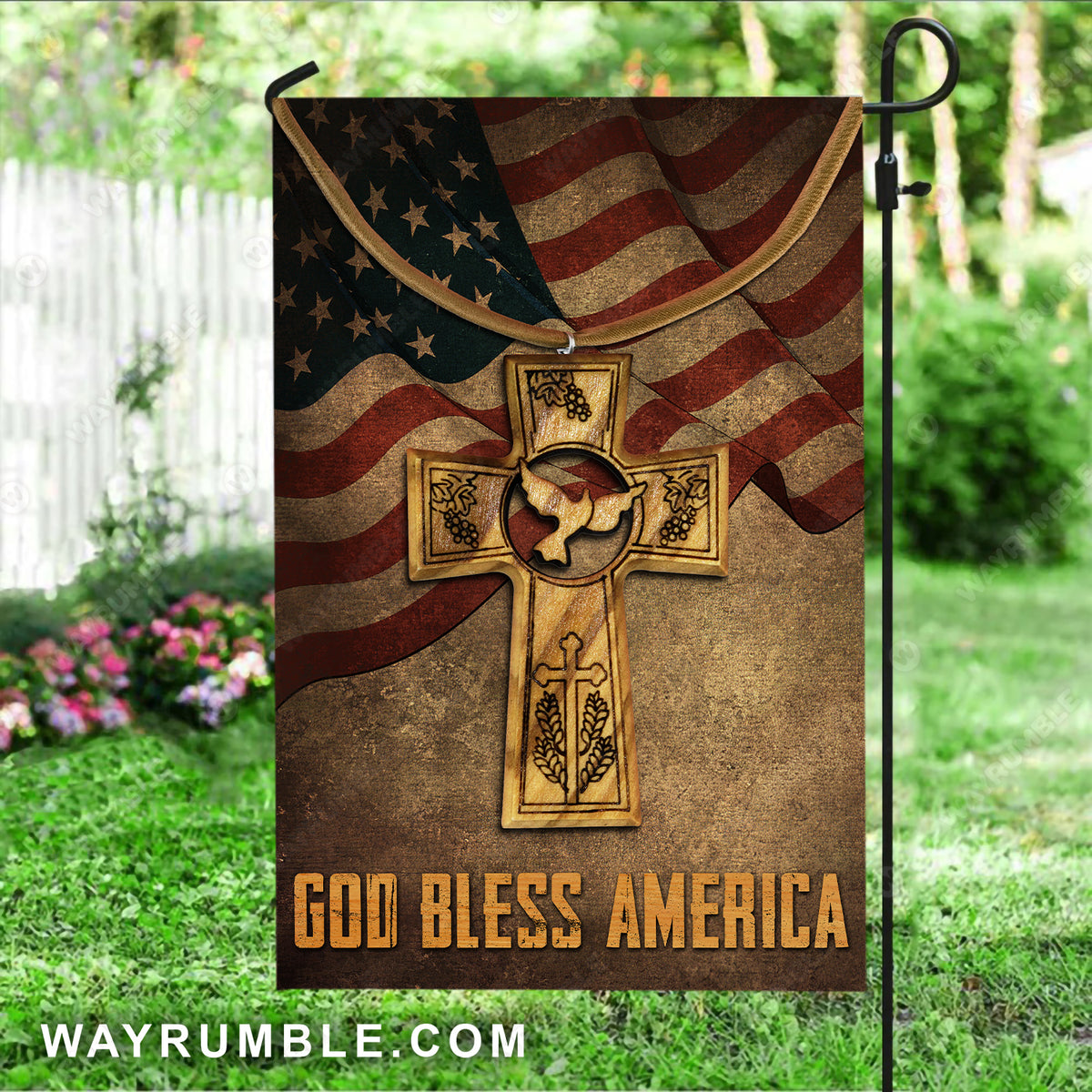 Beautiful wooden cross, Bird drawing, Vintage US flag, God bless America - Jesus Flag