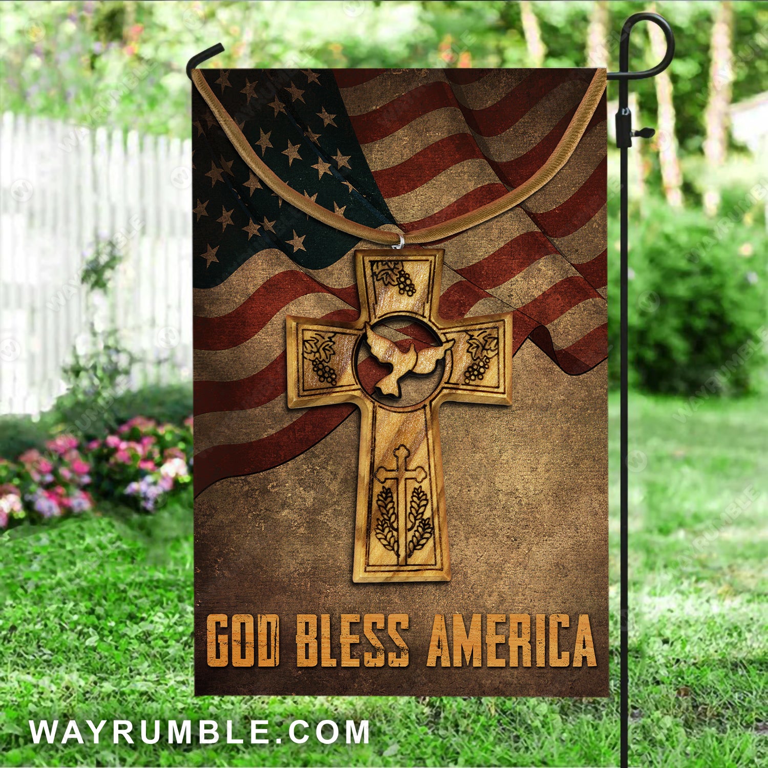 Beautiful wooden cross, Bird drawing, Vintage US flag, God bless America - Jesus Flag