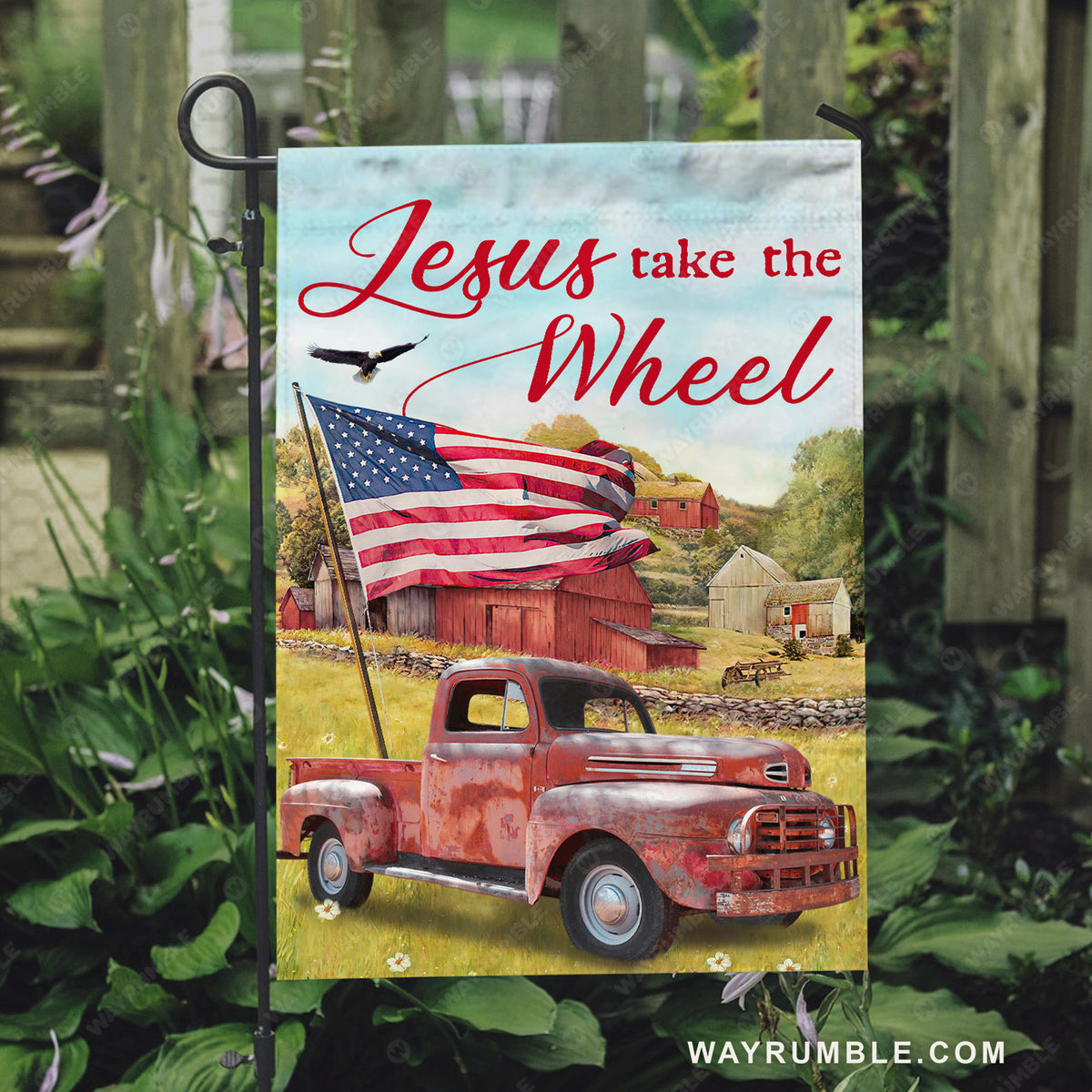 Stunning ladybug car, Pretty US flag, Green meadow land, Jesus take the wheel - Jesus Flag