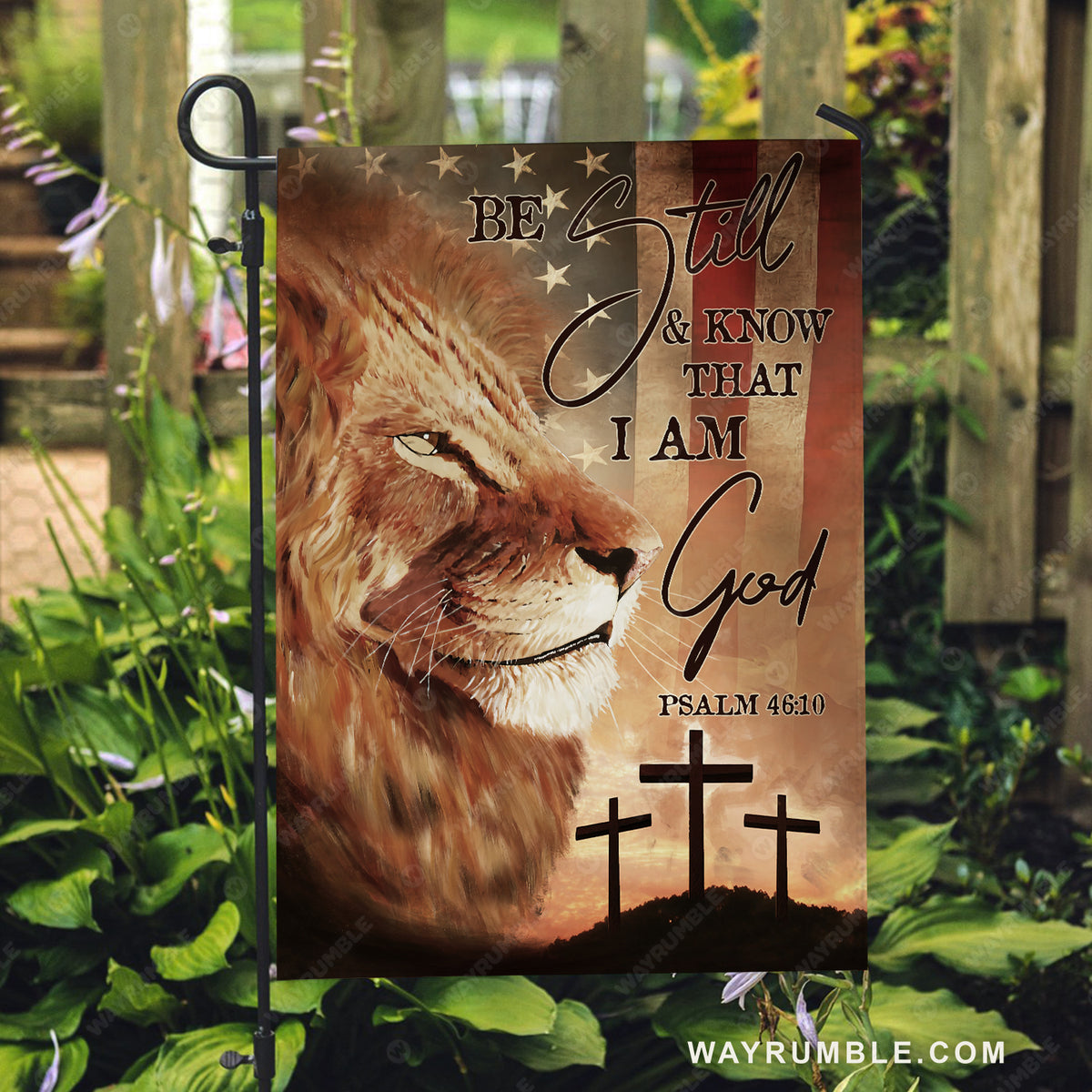 Brown lion painting, US flag background, Black cross, Be still and know that I am God - Jesus Flag