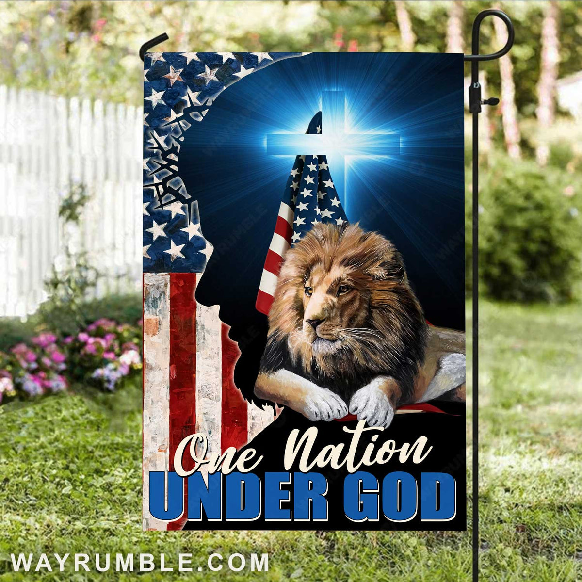 Blue cross, Watercolor lion, US flag symbol, One nation under God - Jesus Flag