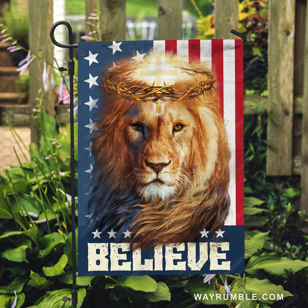 Brown lion drawing, US flag, Crown of thorn, Believe - Jesus Flag