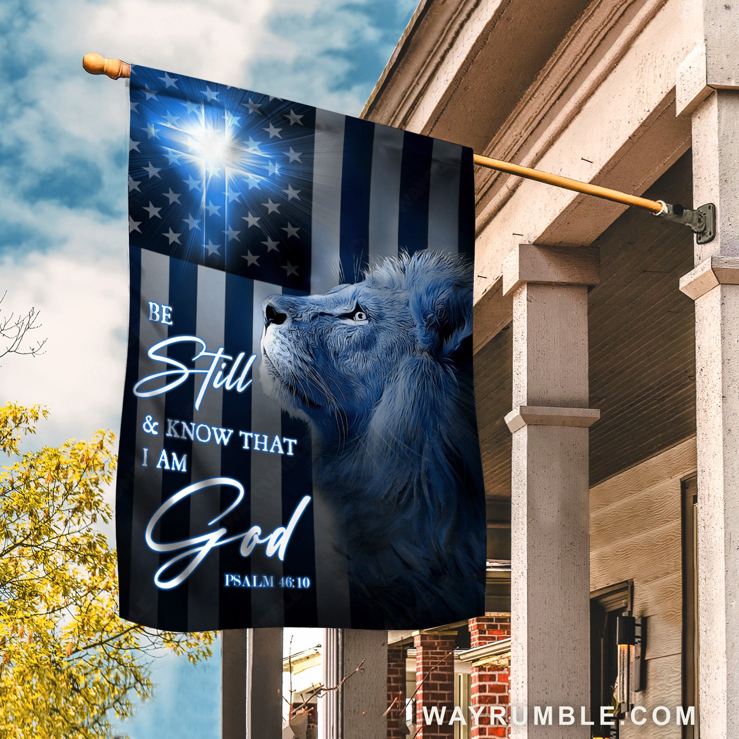 Blue lion painting, White cross, US flag, Be still and know that I am God - Jesus Flag