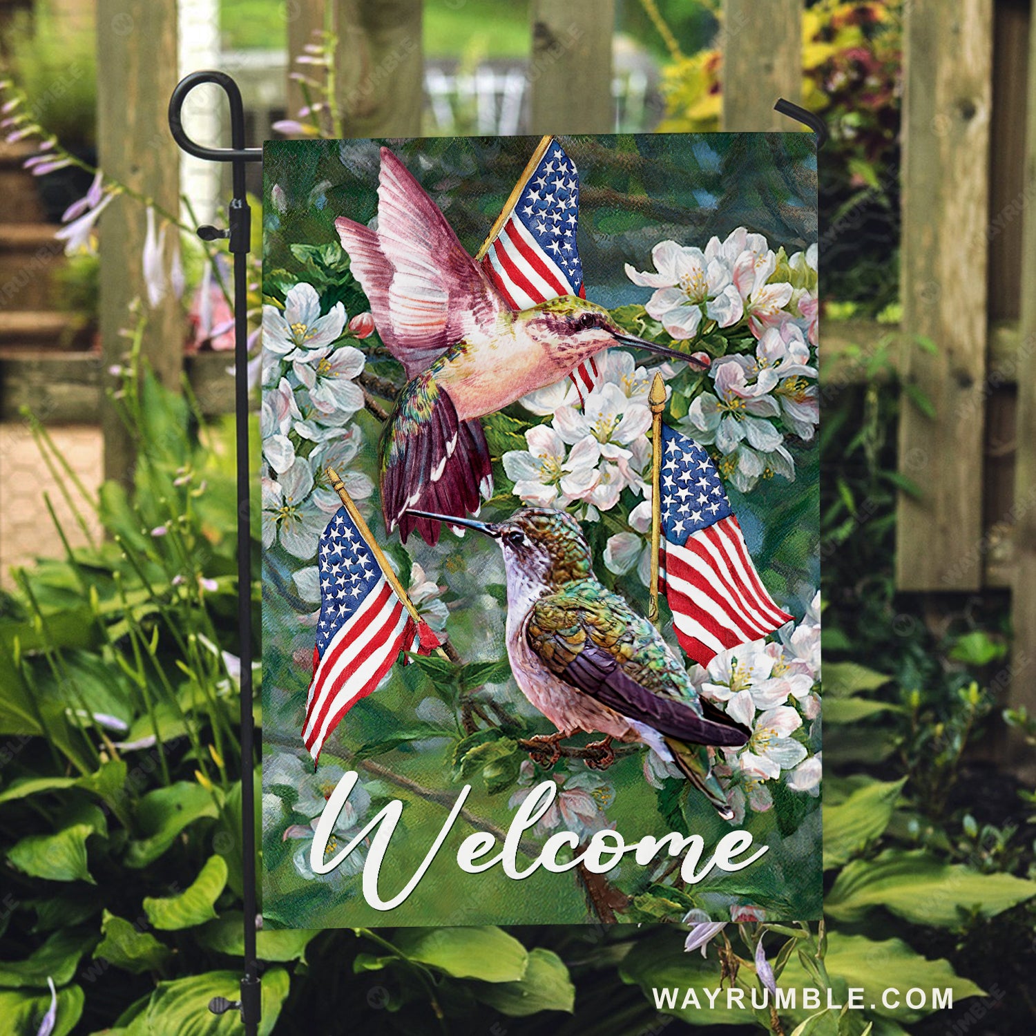 Brilliant hummingbird, Jasmine forest, US flag, Welcome - Jesus Flag