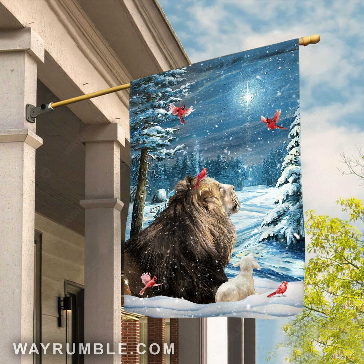 Blue forest, Beautiful lion, Lovely cardinal, Christmas is coming - Jesus Flag