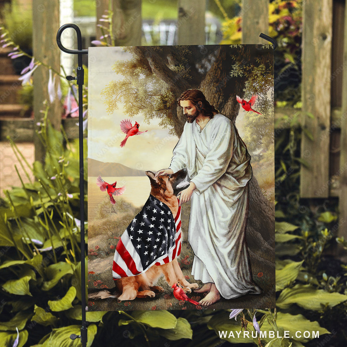 Jesus painting, German shepherd, USA flag, Red cardinals - Jesus Flag