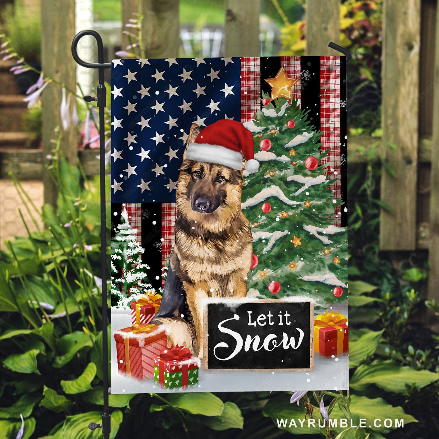 Christmas painting, Lovely German Shepherd, Little Christmas tree, Let it snow - Jesus Flag
