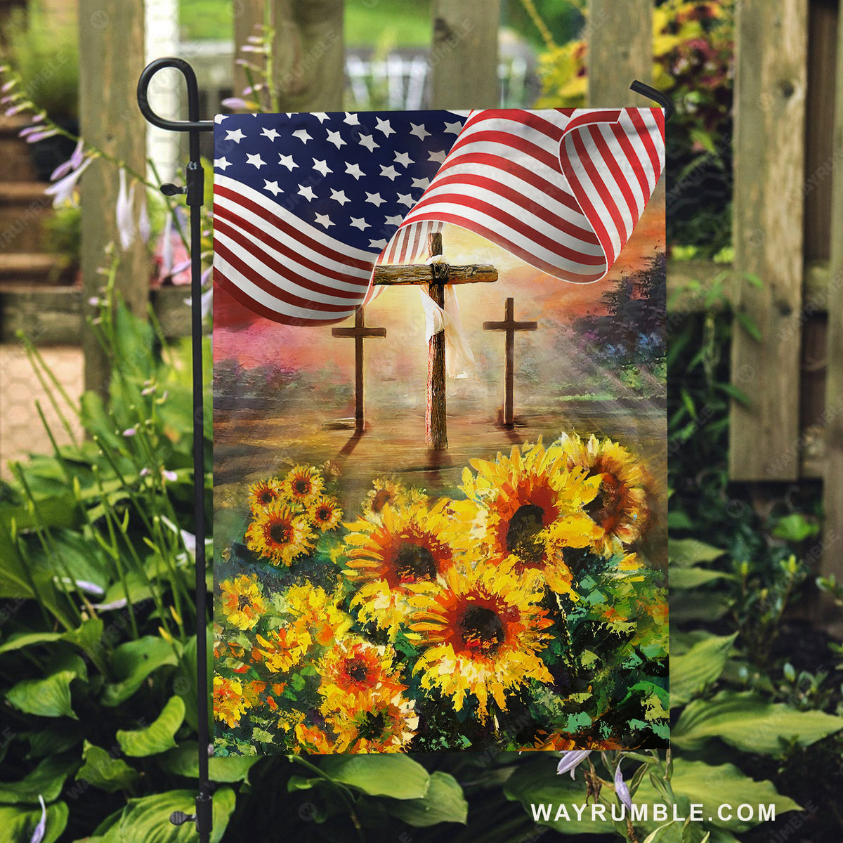 Watercolor sunflower, Cross symbol, Sunny day, US flag - Jesus Flag