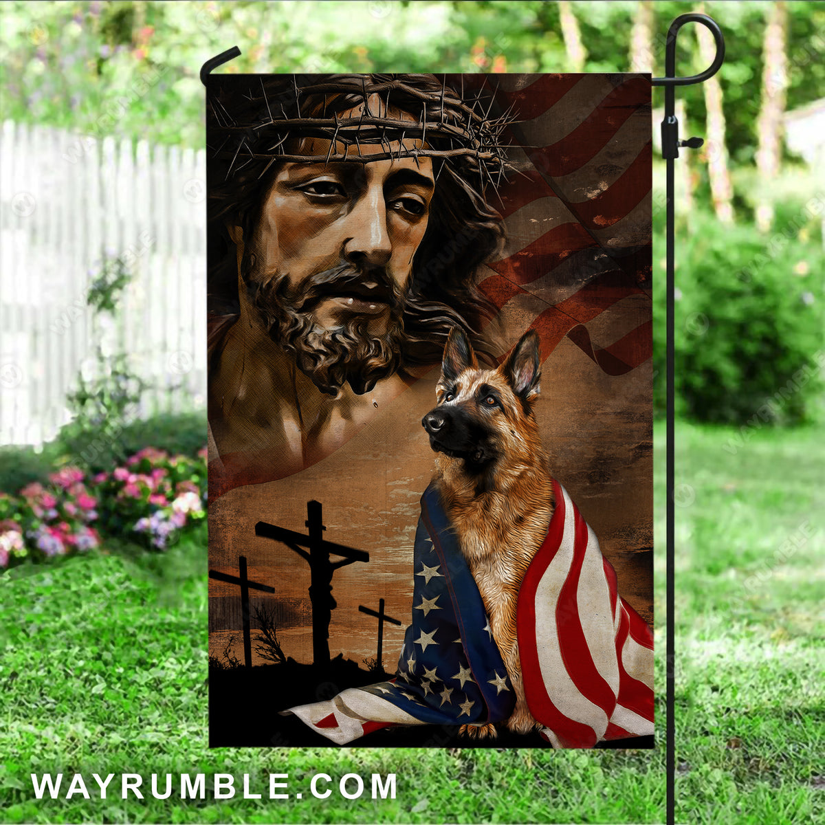 Watercolor Jesus drawing, German shepherd dog, Big US flag - Jesus Flag