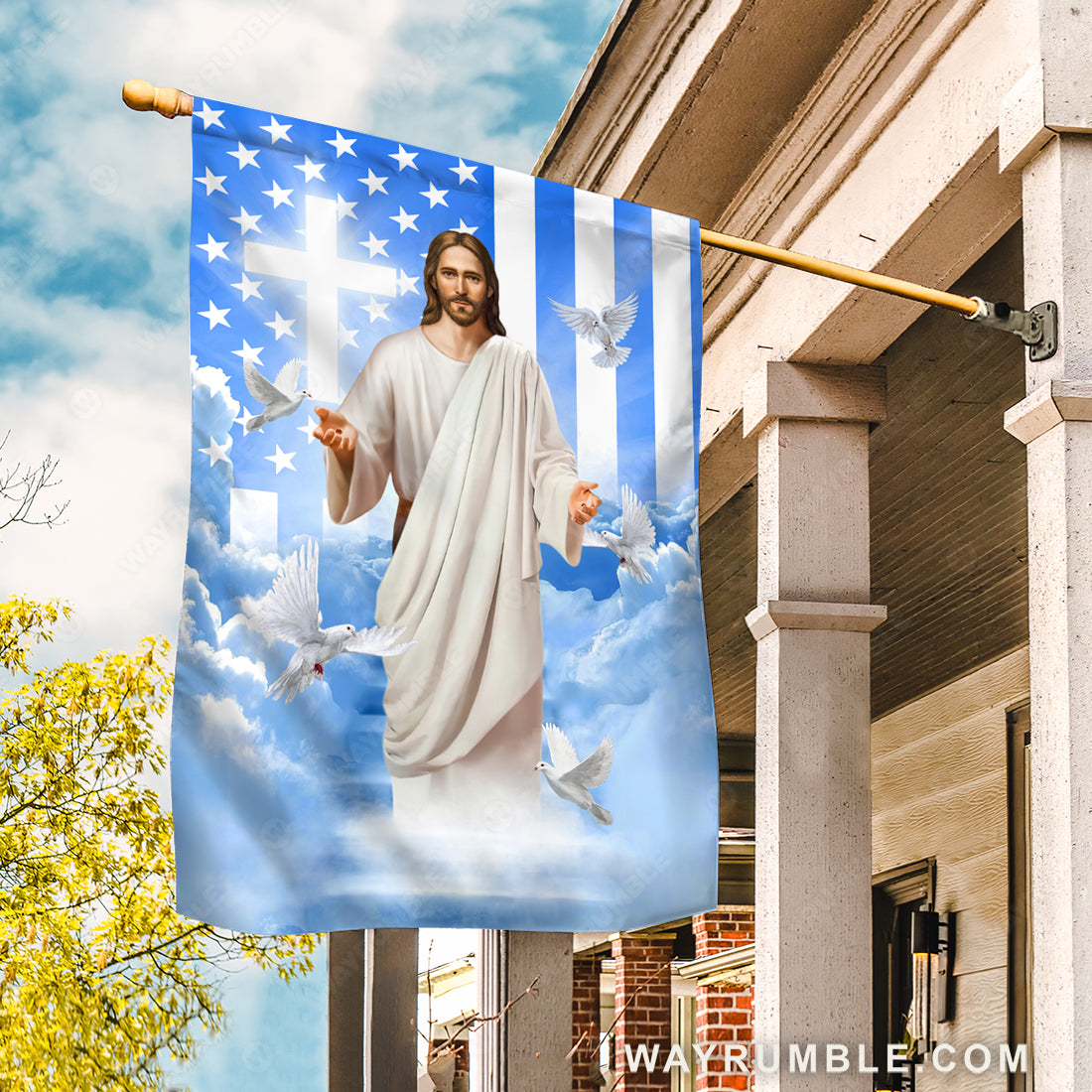 Jesus painting, White dove, Blue sky, US flag, Walking with Jesus - Jesus Flag
