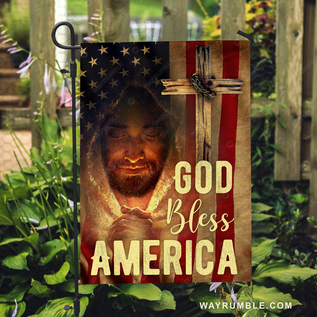 Pray for healing, Wooden cross, Crown of thorn, God bless America - Jesus Flag