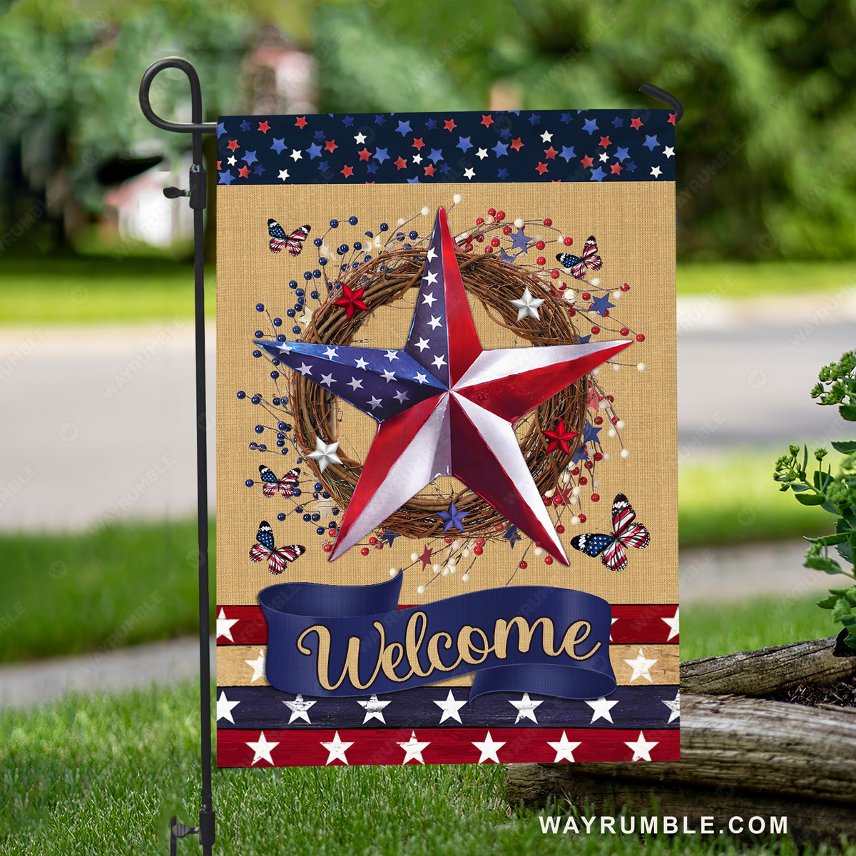 Amazing star, Cranberry wreath, Colorful butterfly, Welcome - Jesus Flag