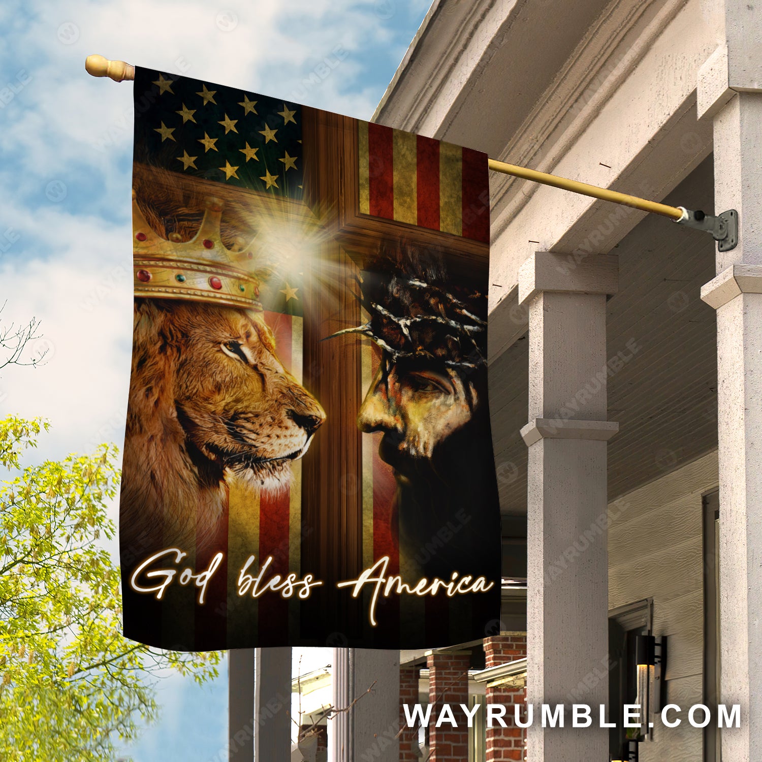 Lion of Judah, Jesus drawing, Face to face, Golden crown, God bless America - Jesus Flag