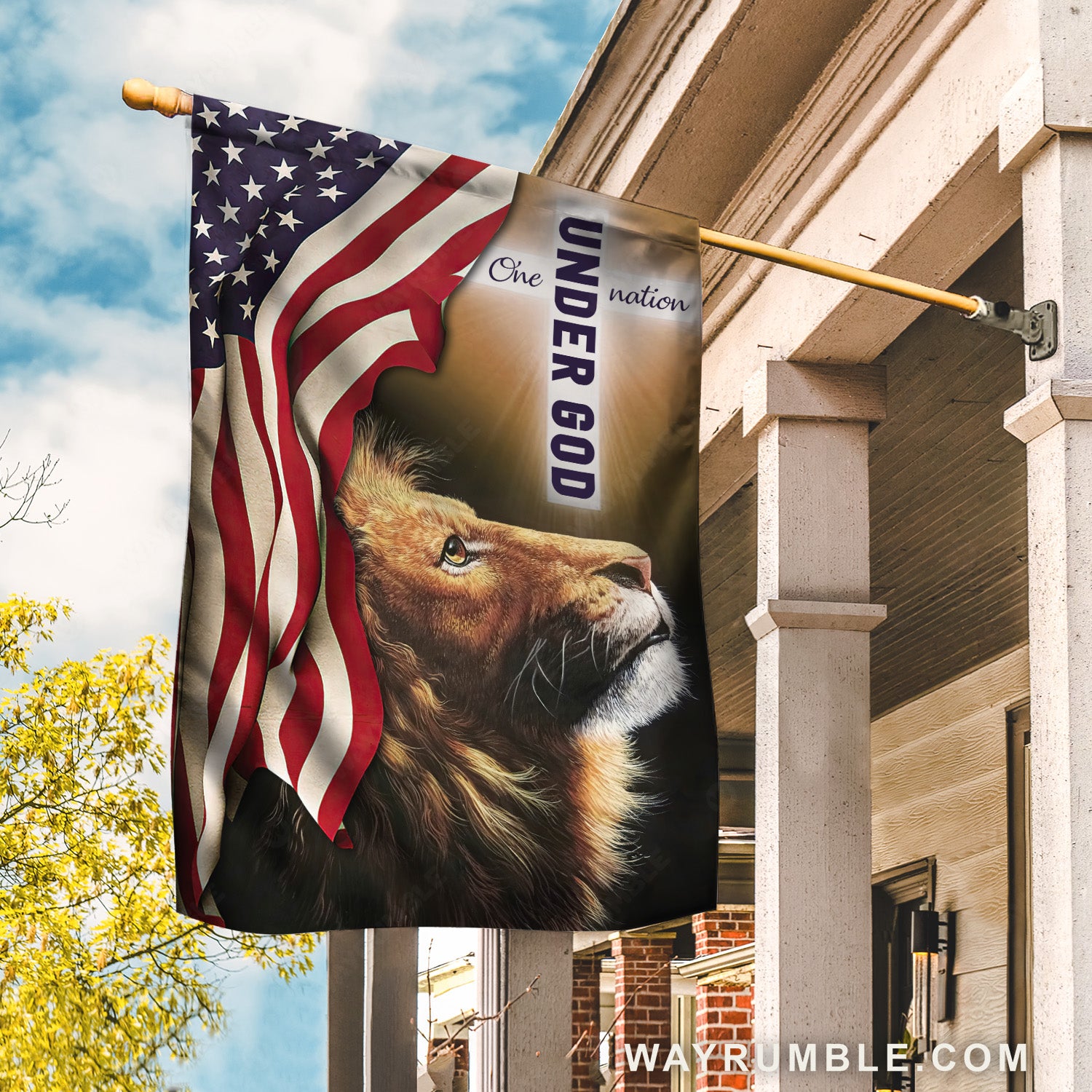 Brown lion, Beautiful US flag, White cross, One nation under God - Jesus Flag