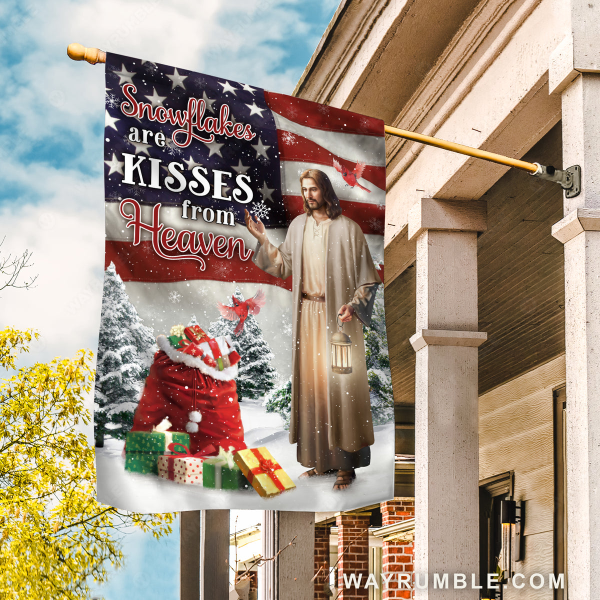Christmas gifts, Amazing Jesus painting, Cardinal, Snowflakes are kisses from heaven - Jesus Flag