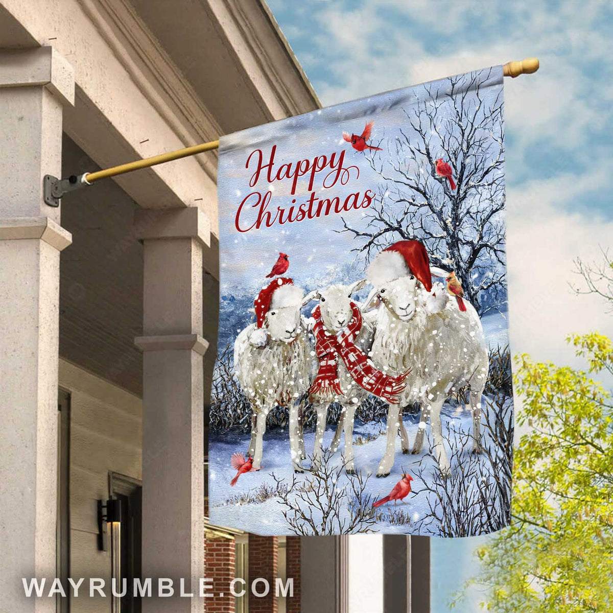 White goat painting, Winter forest, Red cardinal, Happy Christmas - Jesus Flag