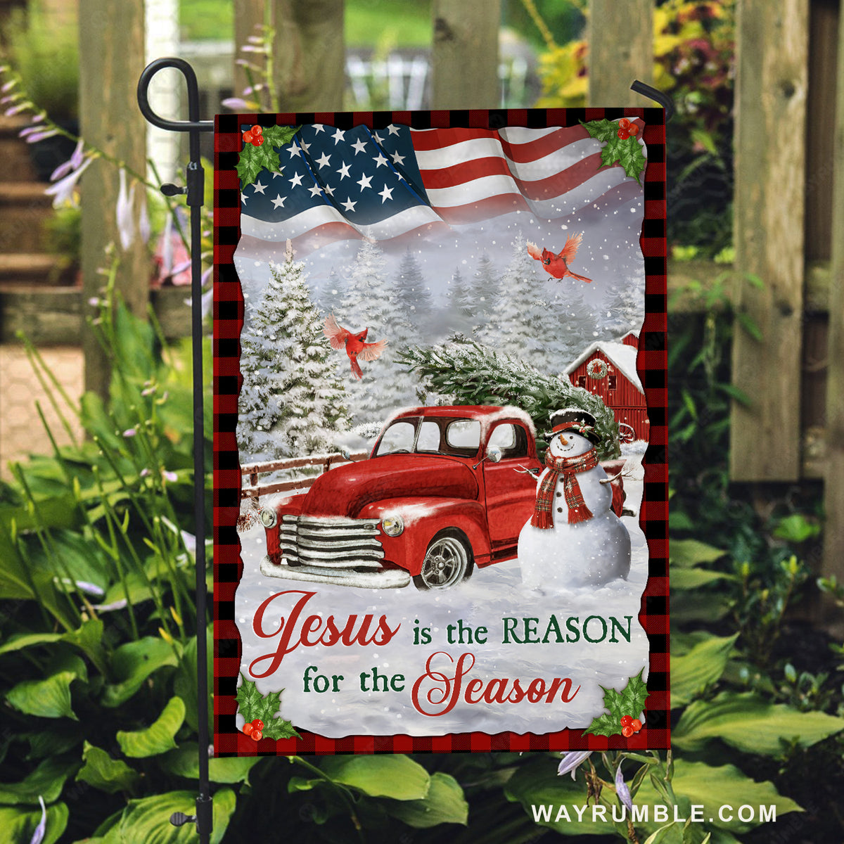 Beautiful ladybug car, Little snowman, Red cardinal, Jesus is the reason for the season - Jesus Flag