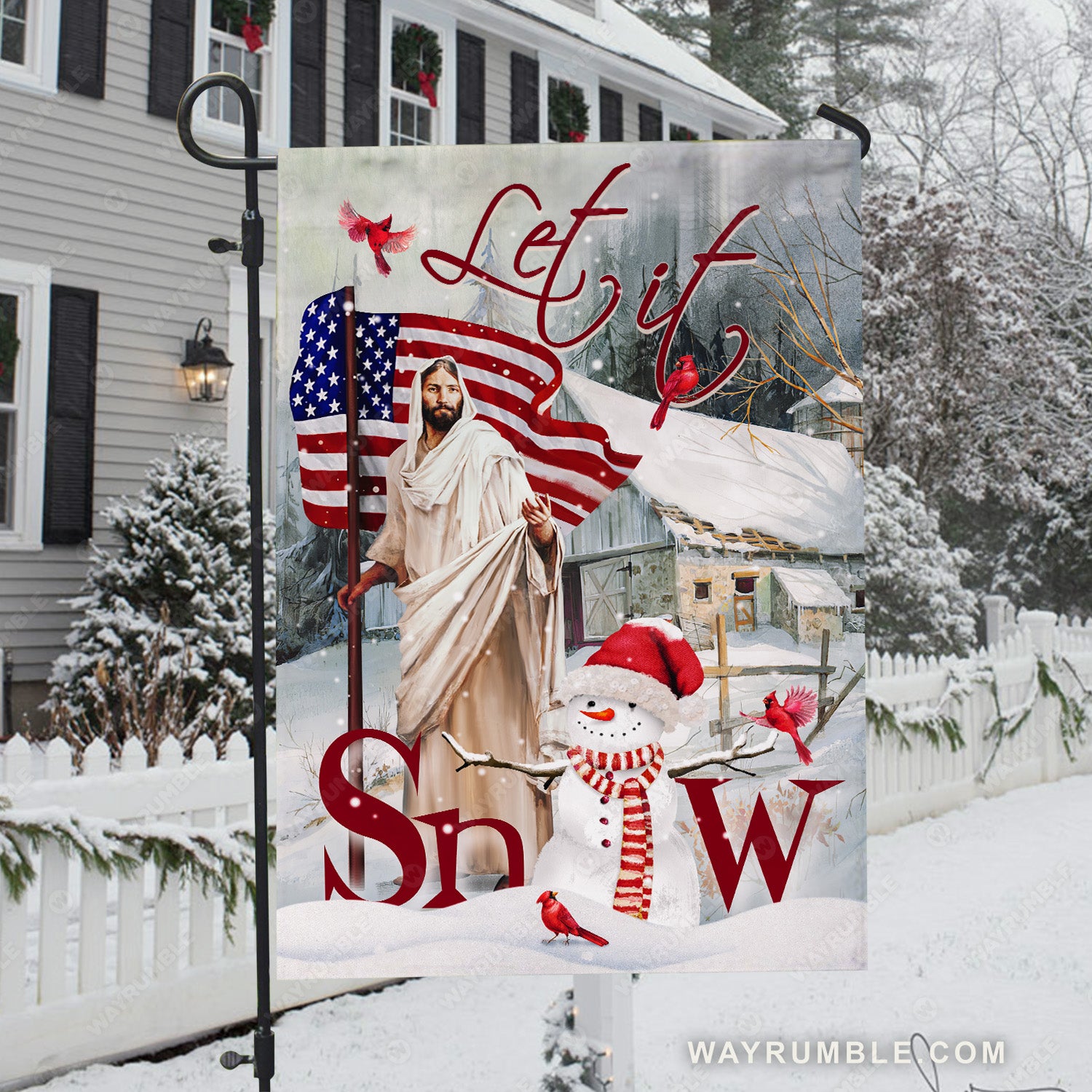 Cute snowman, Beautiful winter painting, Amazing Jesus, Stunning flag, Let it snow - Jesus Flag