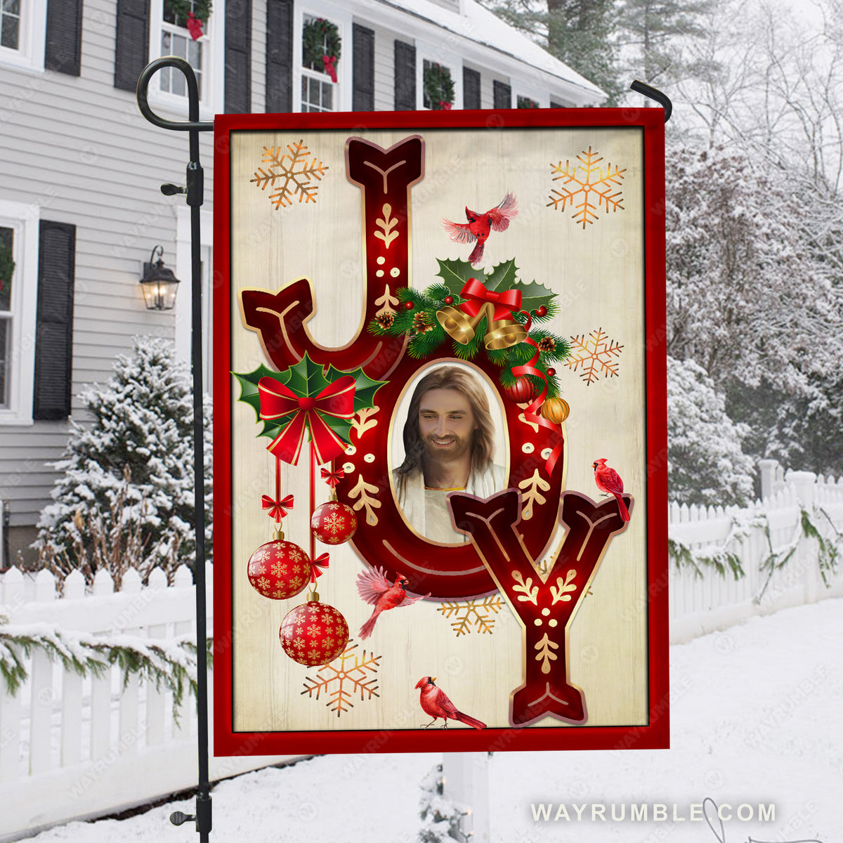 Christmas decor, Happy Christmas, Red cardinal, Joy - Jesus Flag