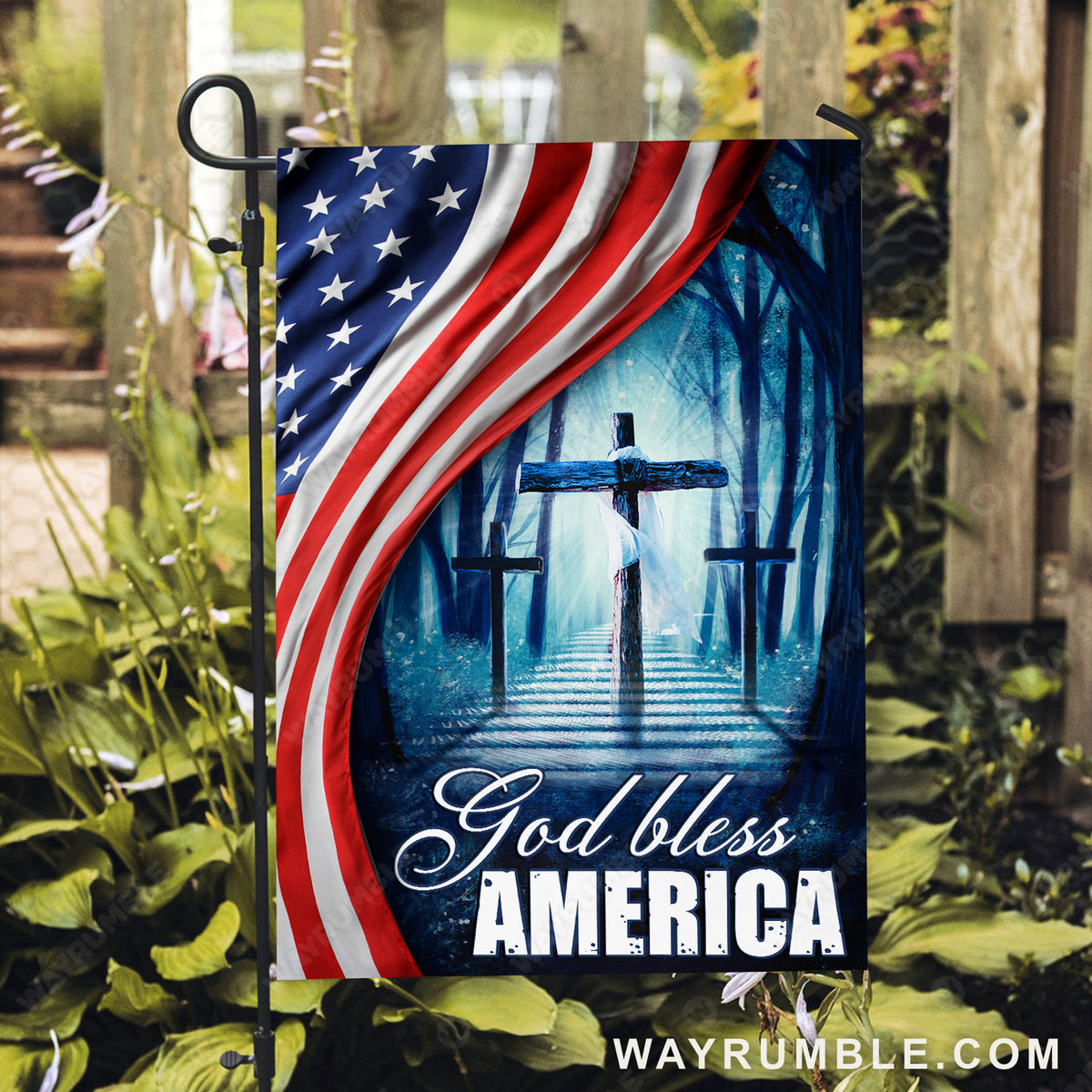 Three wooden crosses, USA flag, Forest night, God bless America - Jesus Flag