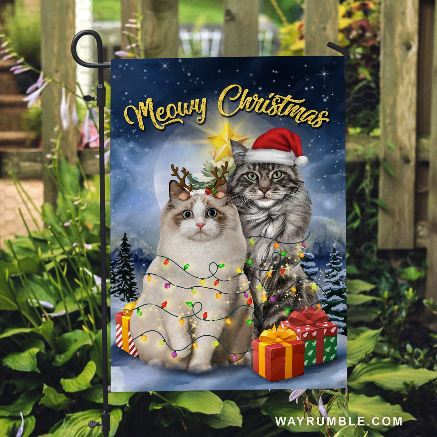 Christmas vibe, Beautiful cat, Winter night, Meowy Christmas - Jesus Flag