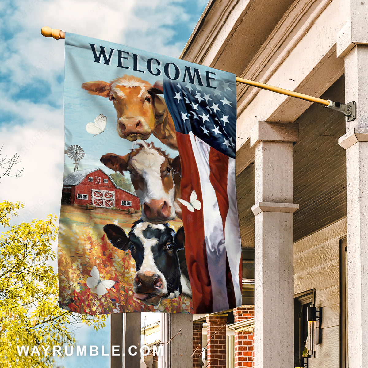 Watercolor dairy cow, US flag, Beautiful flower field, Welcome - Cow Flag