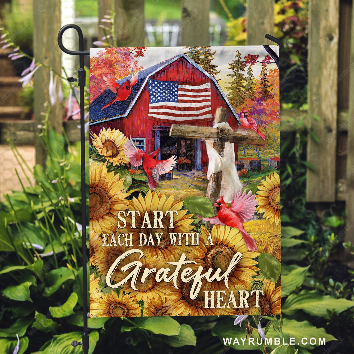 Red house painting, Sunflower garden, Cardinal, Start each day with a grateful heart - Jesus Flag