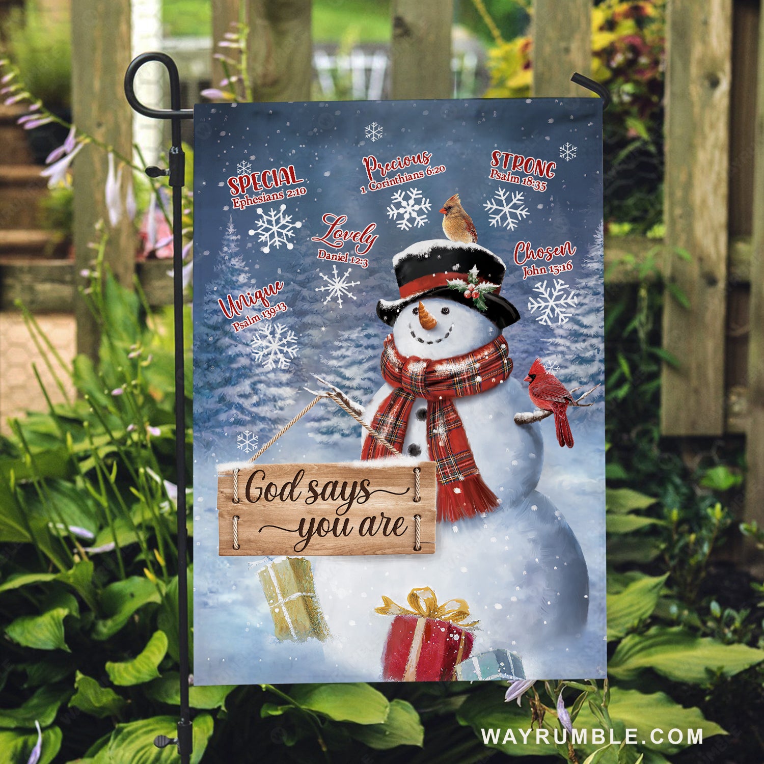 Christmas town, Big snowman, Winter forest, God says you are unique - Jesus Flag