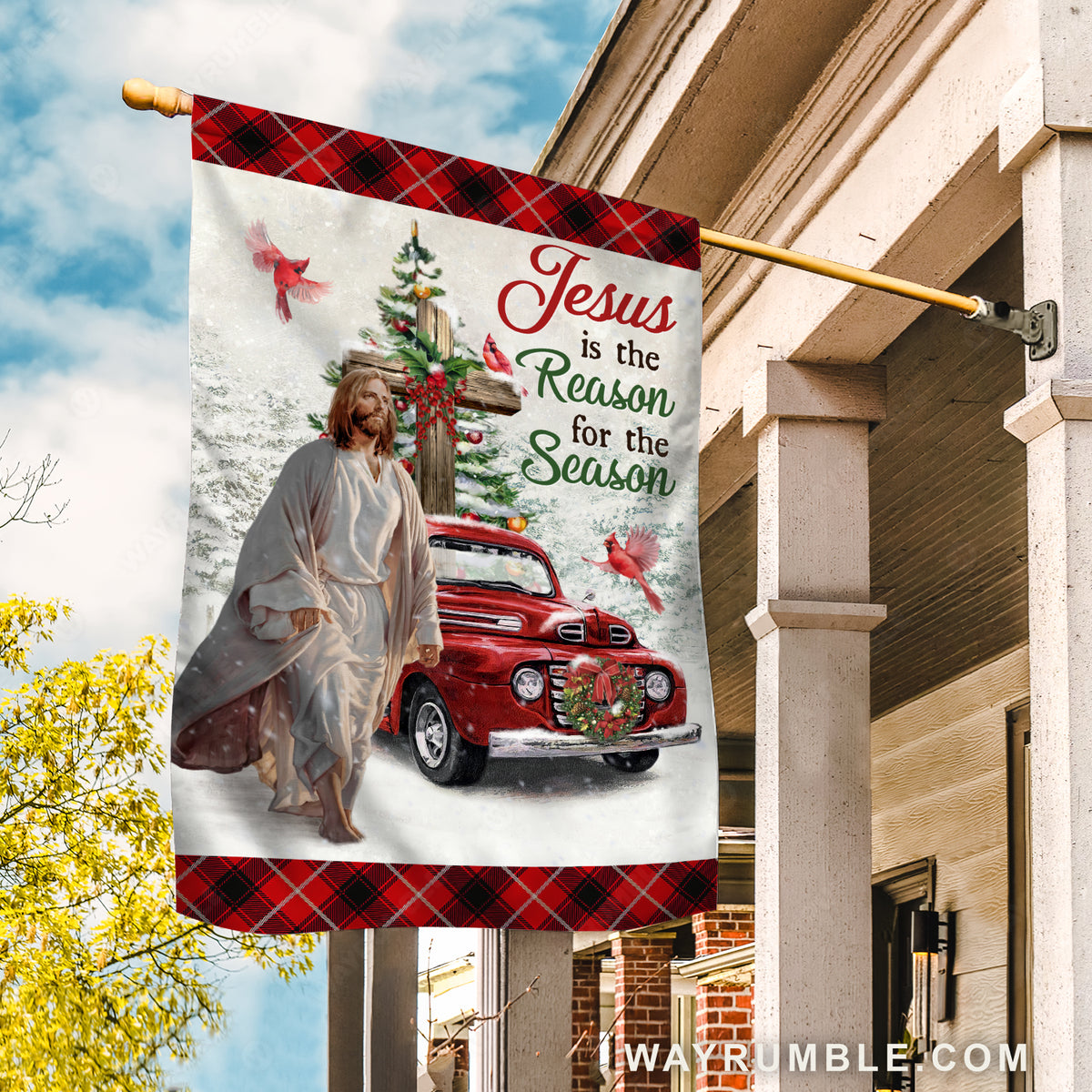 Wooden cross, Stunning ladybug car, Christmas tree, Jesus is the reason for the season - Jesus Flag