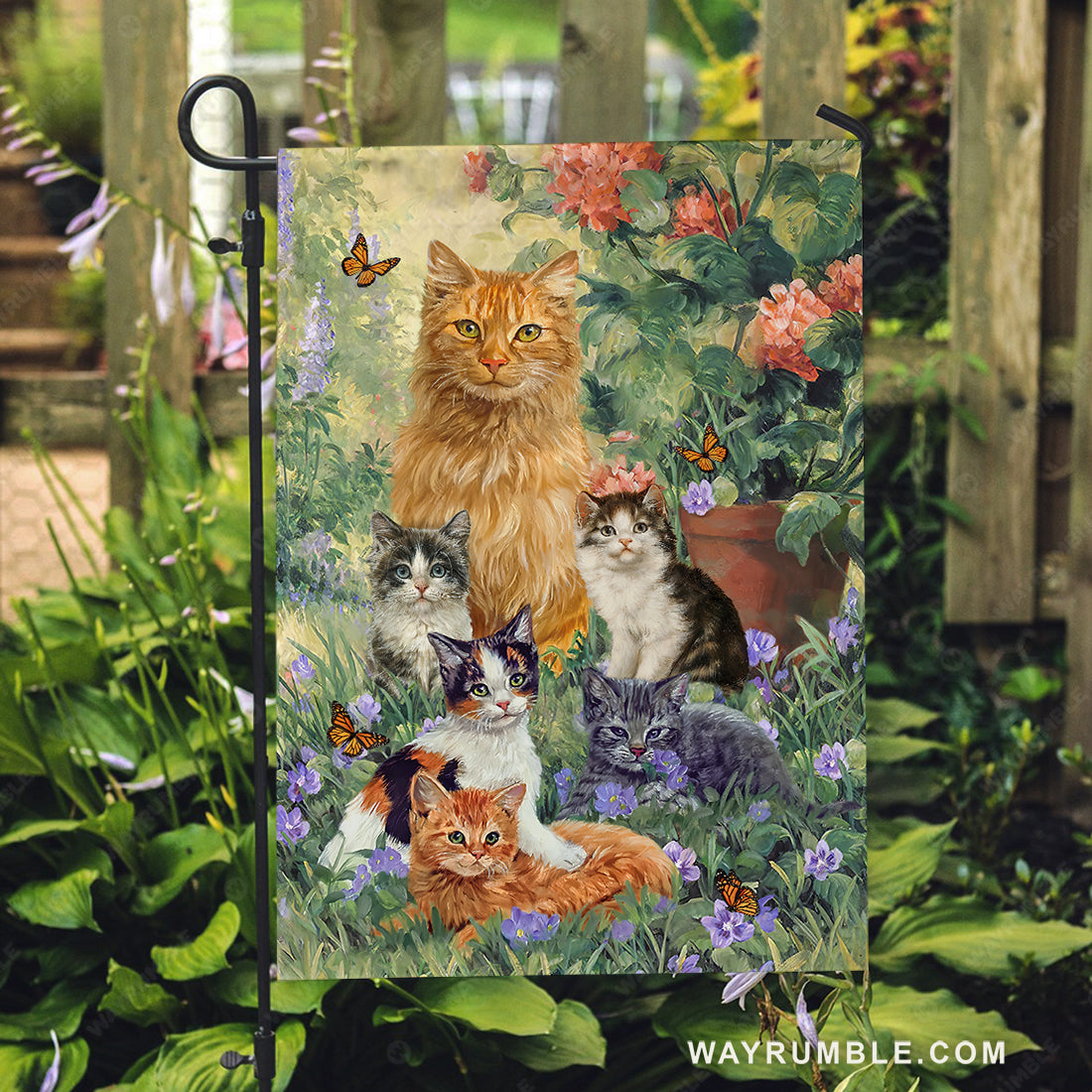 Beautiful cat painting, Purple flower garden, Peace drawing - Jesus Flag