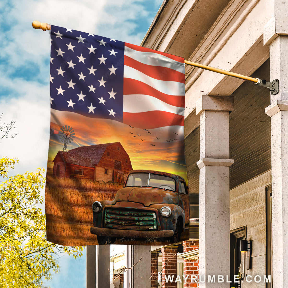 Antique ladybug car, Rice field, Big US flag, Old barn - Jesus Flag