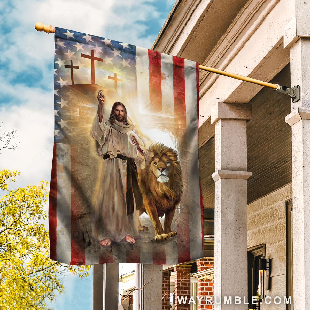 Walking with Jesus, Lion drawing, US flag, Cross symbol - Jesus Flag