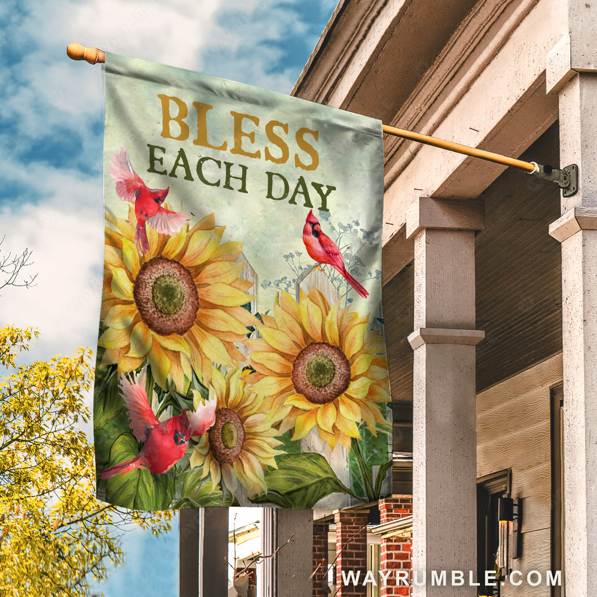 Sunflower garden, Red cardinal. Bless each day - Jesus Flag