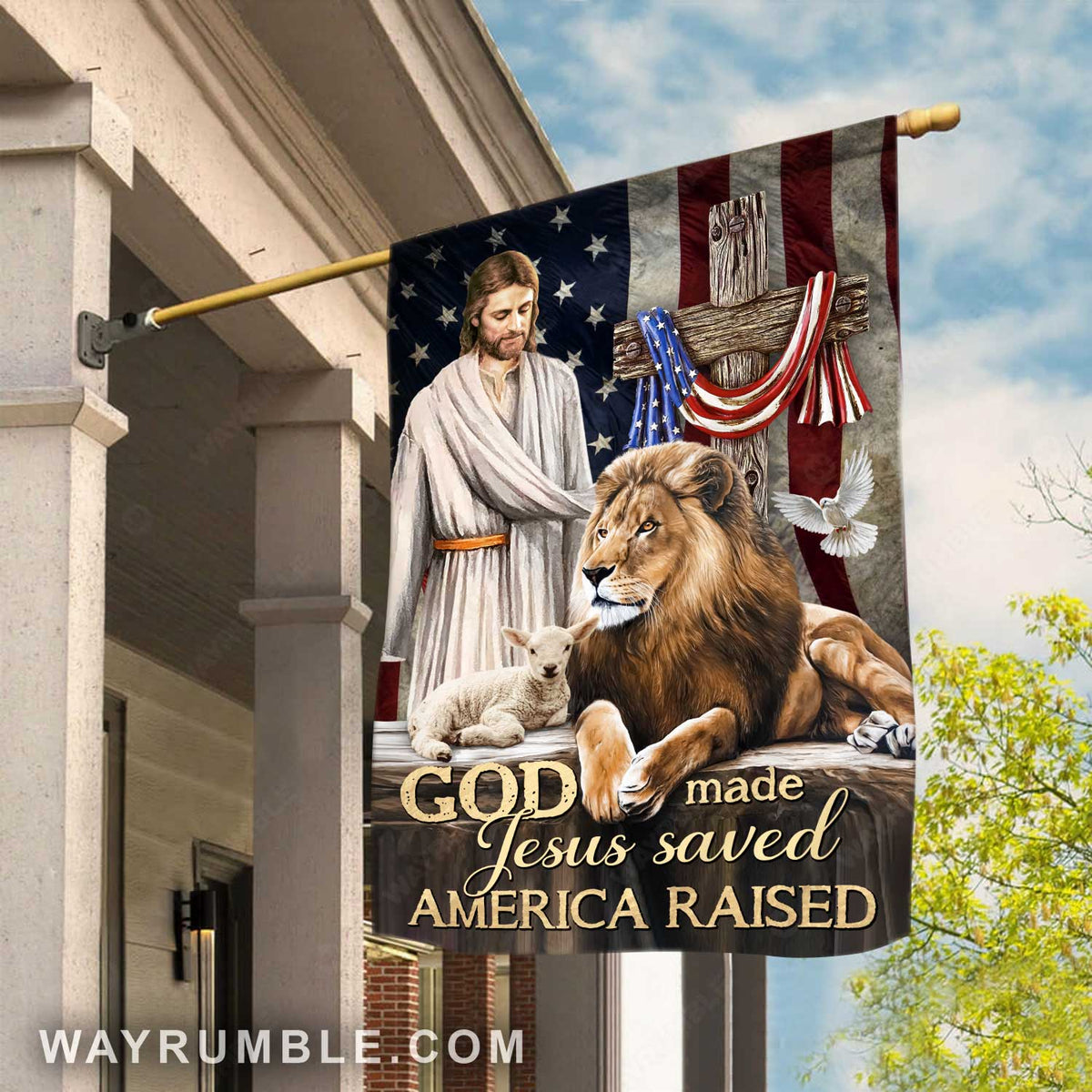 Animal of God, Big lion, Cute lamb, Cross symbol, God made Jesus saved America raised - Jesus Flag