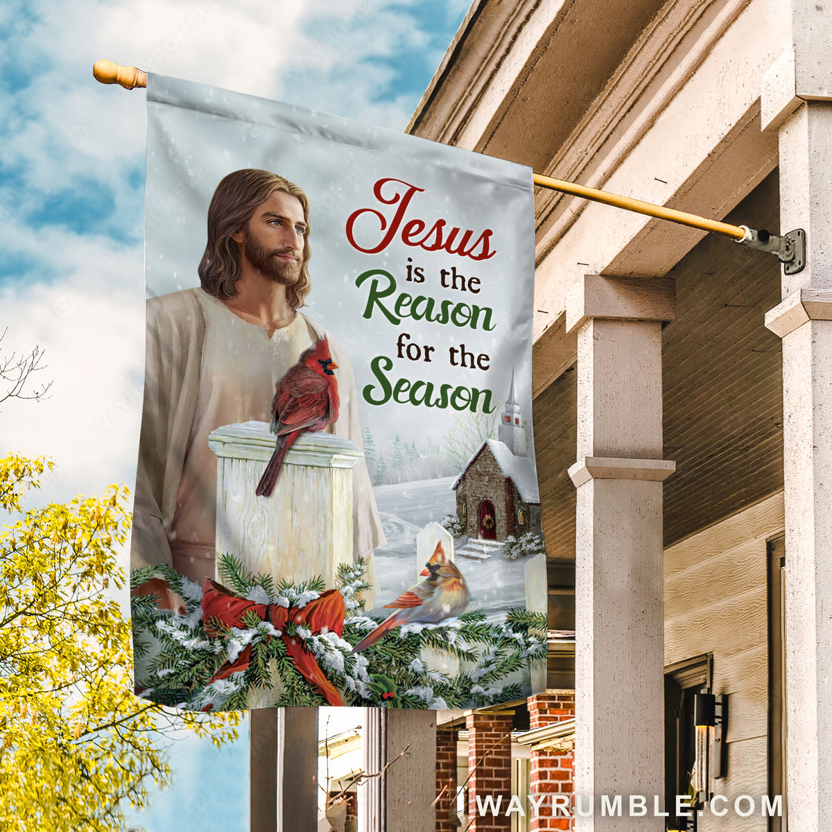 Beautiful winter painting, Red cardinal, Jesus is the reason for the season - Jesus Flag
