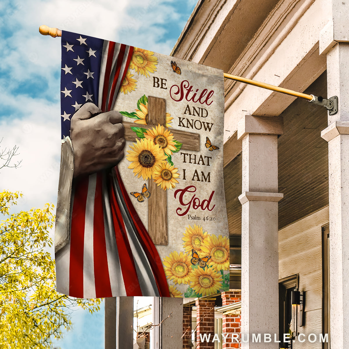Beautiful sunflower, Wooden cross, Watercolor Jesus hand, Be still and know that I am God - Jesus Flag